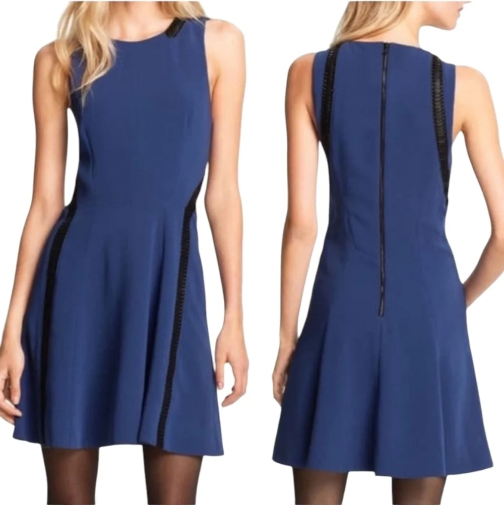 NEW Rag & Bone Renard Dress Mini Blue Leather Trim Flare Sleveless Size 0